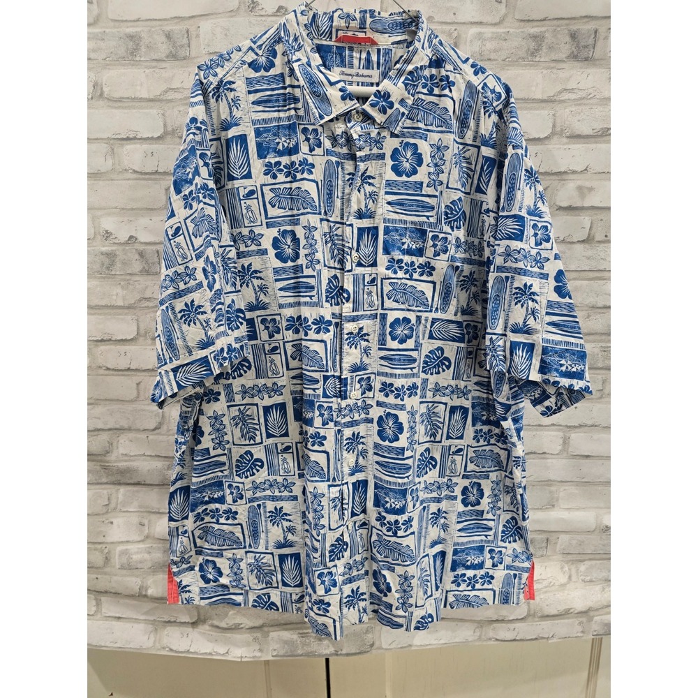 Tommy Bahama Mens Hawaiian Shirt 2XLB Blue White Lido Beach Surf Golf Cotton
